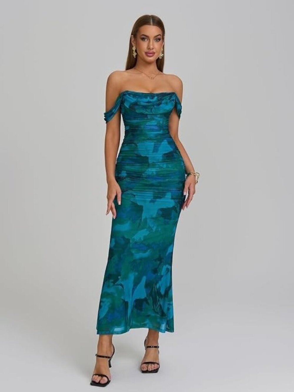 Marthea Solid Ruched Bodycon Formal Maxi Dress
